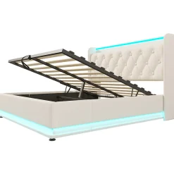 Lit rembourré hydraulique 140x200cm, lit de rangement, tête de lit avec fonction de chargement usb typ-c, pu, blanc, sans matelas><noscript><img width=