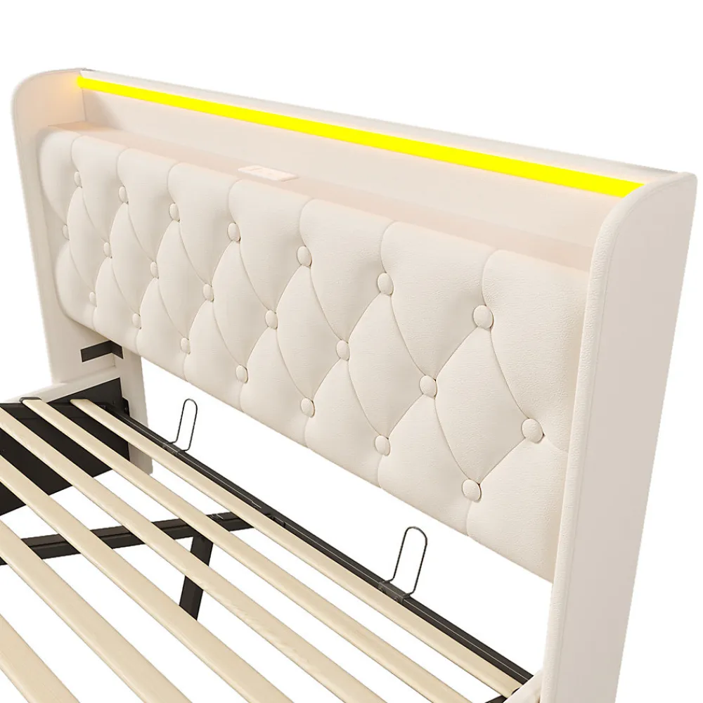 Lit rembourré hydraulique 140x200cm, lit de rangement, tête de lit avec fonction de chargement usb typ-c, pu, blanc, sans matelas>Gutent Clearance