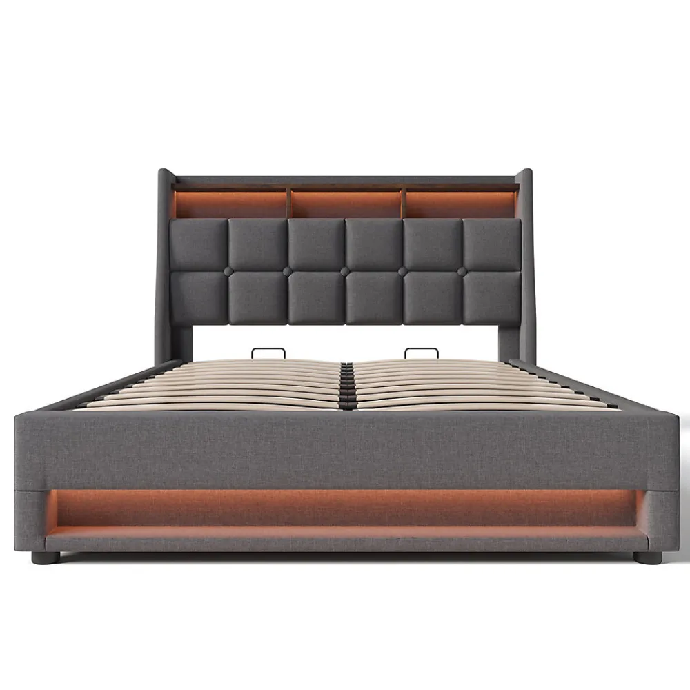 Lit rembourré hydraulique 140x200 cm lit de rangement lit usb lit en métal lit cadre à lattes en bois lit led double lin gris>Gutent Discount