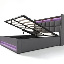 Lit rembourré hydraulique 140x200 cm lit de rangement lit usb lit en métal lit cadre à lattes en bois lit led double lin gris><noscript><img width=