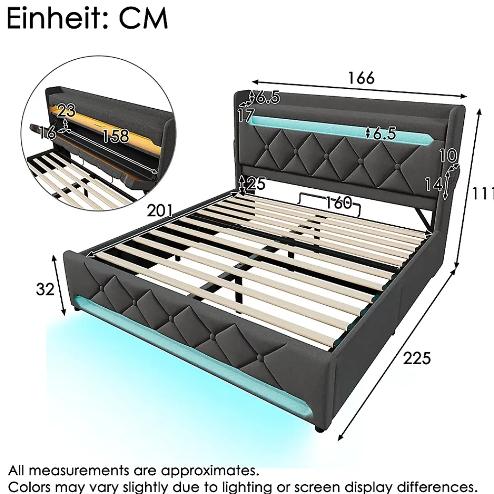 Gutent Lit rembourré hydraulique 160x200cm, lit double, tête de lit de rangement avec port usb et type c, lin, gris, avec matelas* Lit Avec Rangement