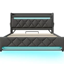 Gutent Lit rembourré hydraulique 160x200cm, lit double, tête de lit de rangement avec port usb et type c, lin, gris, avec matelas* Lit Avec Rangement