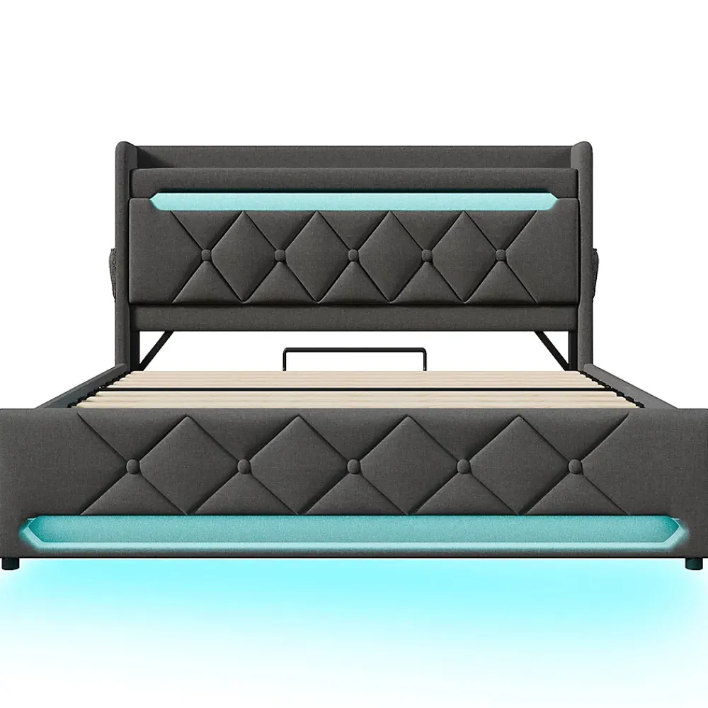 Gutent Lit rembourré hydraulique 160x200cm, lit double, tête de lit de rangement avec port usb et type c, lin, gris, avec matelas* Lit Avec Rangement
