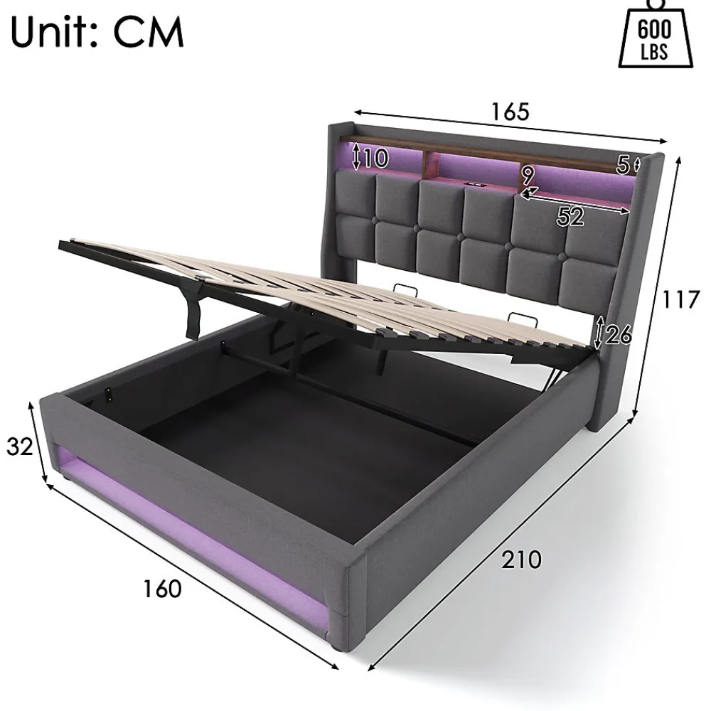 Gutent lit rembourré hydraulique 160x200 cm, lit de rangement LED avec port USB, sommier à lattes et cadre métallique, lin, gris* Lit Avec Rangement
