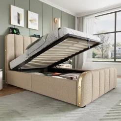Gutent Lit rembourré hydraulique 90x200cm, lit avec rangement, tête de lit avec fonction de recharge USB Type-C, lin, beige, sans matelas* Lit Avec Rangement