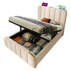 Gutent Lit rembourré hydraulique 90x200cm, lit avec rangement, tête de lit avec fonction de recharge USB Type-C, lin, beige, sans matelas* Lit Avec Rangement