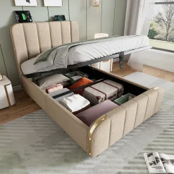 Gutent Lit rembourré hydraulique 90x200cm, lit avec rangement, tête de lit avec fonction de recharge USB Type-C, lin, beige, sans matelas* Lit Avec Rangement