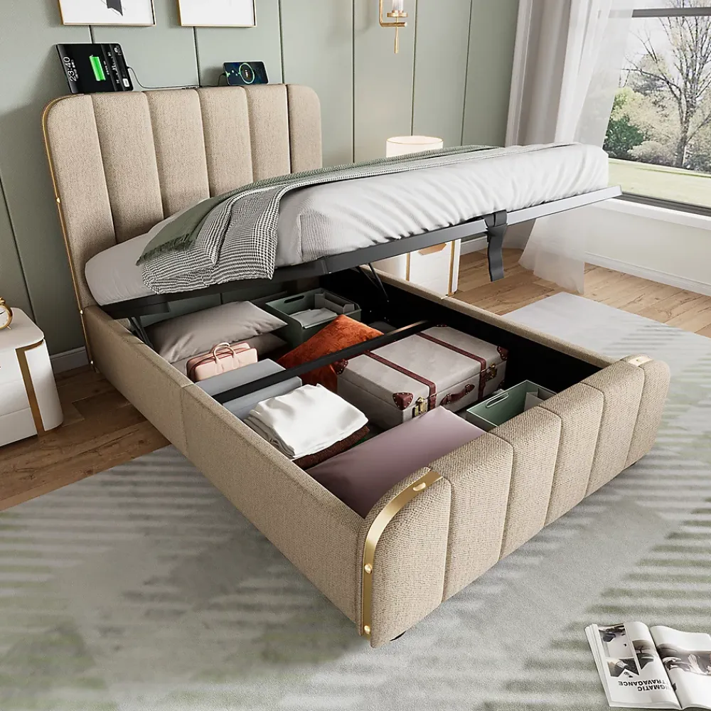 Gutent Lit rembourré hydraulique 90x200cm, lit avec rangement, tête de lit avec fonction de recharge USB Type-C, lin, beige, sans matelas* Lit Avec Rangement