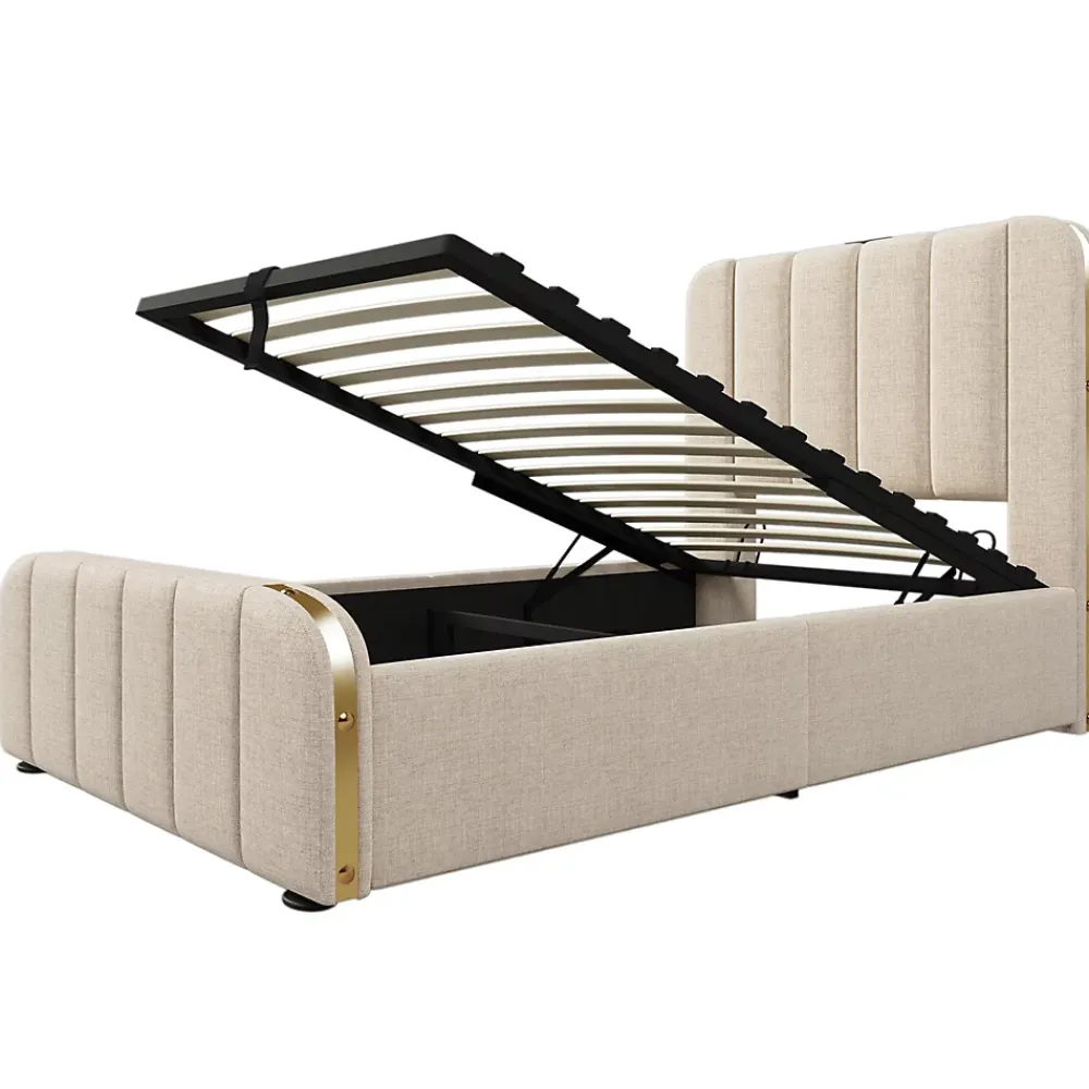 Gutent Lit rembourré hydraulique 90x200cm, lit avec rangement, tête de lit avec fonction de recharge USB Type-C, lin, beige, sans matelas* Lit Avec Rangement
