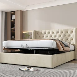 Gutent Lit rembourré hydraulique 160x200cm, forme d'oreille, lit de rangement lit double avec sommier à lattes, tissu velours, beige* Lit Avec Rangement
