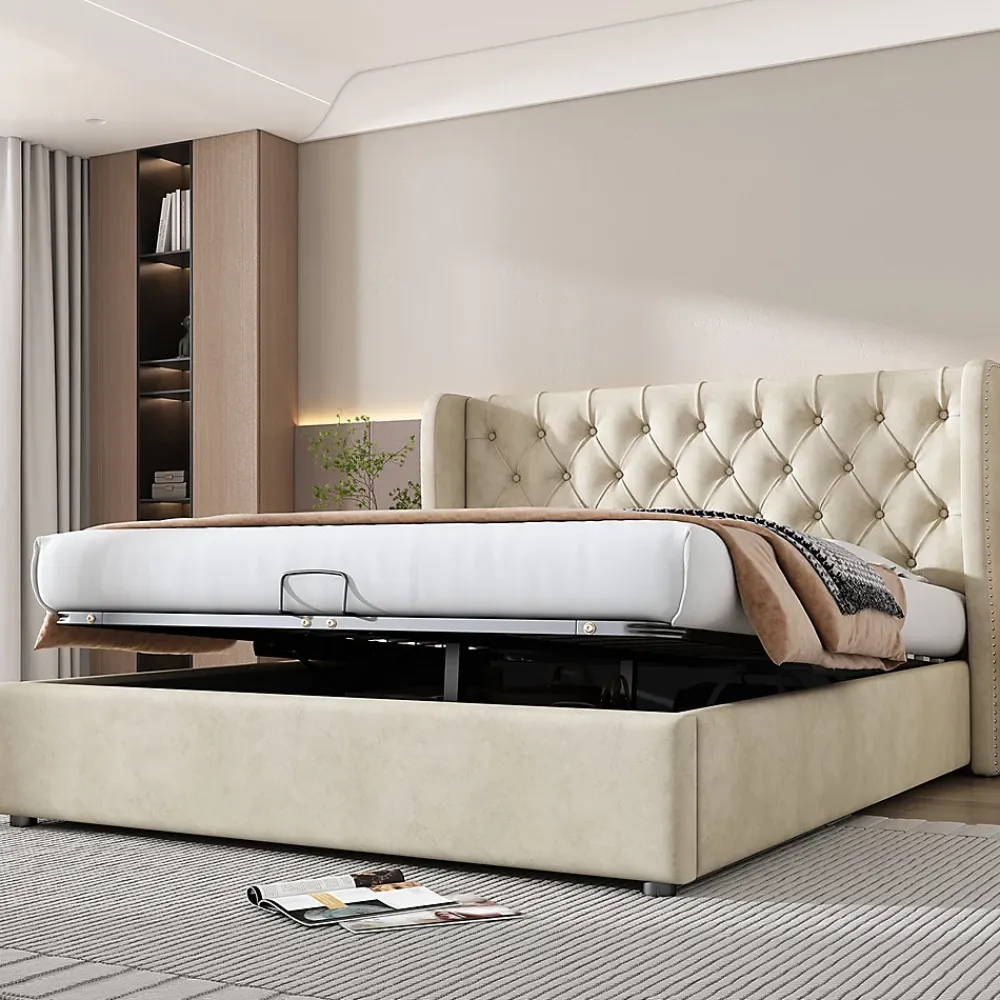 Gutent Lit rembourré hydraulique 160x200cm, forme d'oreille, lit de rangement lit double avec sommier à lattes, tissu velours, beige* Lit Avec Rangement