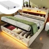 Lit rembourré hydraulique 160x200cm, lit double, tête de lit de rangement avec port usb et type c, lin,beige,avec matelas>Gutent Sale