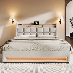 Gutent Lit rembourré hydraulique 160x200 cm lit de rangement lit usb lit en métal lit cadre à lattes en bois lit led double lin beige* Lit Coffre