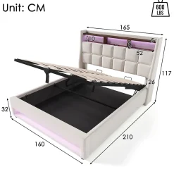 Gutent Lit rembourré hydraulique 160x200 cm lit de rangement lit usb lit en métal lit cadre à lattes en bois lit led double lin beige* Lit Coffre