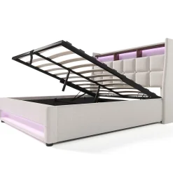 Gutent Lit rembourré hydraulique 160x200 cm lit de rangement lit usb lit en métal lit cadre à lattes en bois lit led double lin beige* Lit Coffre