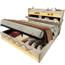 Gutent Lit rembourré hydraulique 140x200cm, lit double, espace de rangement en tête de lit avec port usb et type c, lin, beige* Lit Avec Rangement
