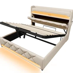 Gutent Lit rembourré hydraulique 140x200cm, lit double, espace de rangement en tête de lit avec port usb et type c, lin, beige* Lit Avec Rangement