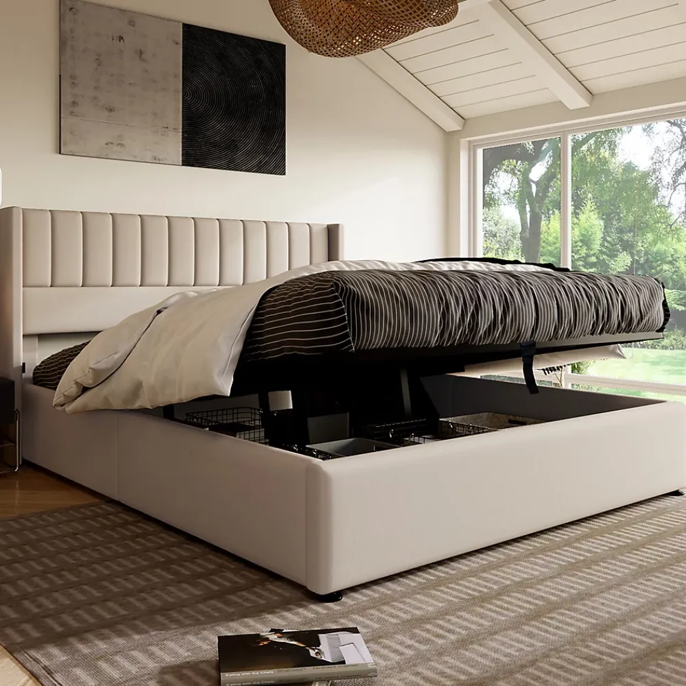 Gutent Lit rembourré hydraulique lit coffre lit 180x200 cm lit de rangement lit en métal lit cadre à lattes en bois lit double lin beige* Lit Avec Rangement