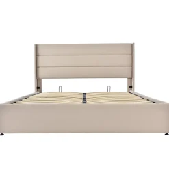 Lit rembourré hydraulique, 140x200cm, lit avec rangement, avec sommier à lattes en bois, structure métallique, lin, beige><noscript><img width=