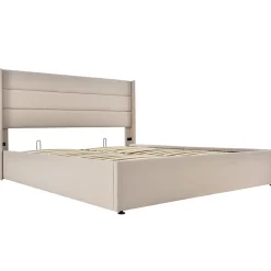 Lit rembourré hydraulique, 140x200cm, lit avec rangement, avec sommier à lattes en bois, structure métallique, lin, beige><noscript><img width=