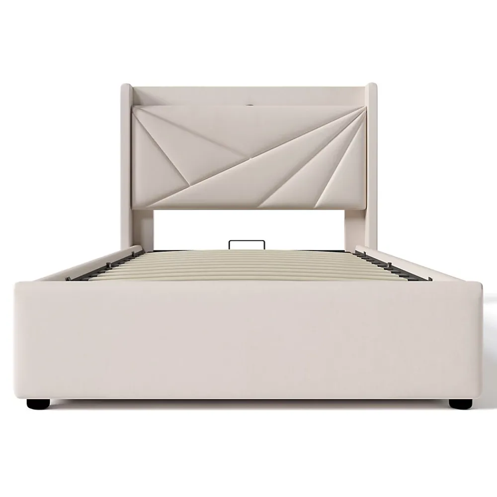 Gutent Lit rembourré lit coffre lit 90x200 cm lit de rangement lit tête de lit à fonction de charge usb type c Single coton lin beige* Lit Avec Rangement