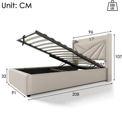 Gutent Lit rembourré lit coffre lit 90x200 cm lit de rangement lit tête de lit à fonction de charge usb type c Single coton lin beige* Lit Avec Rangement