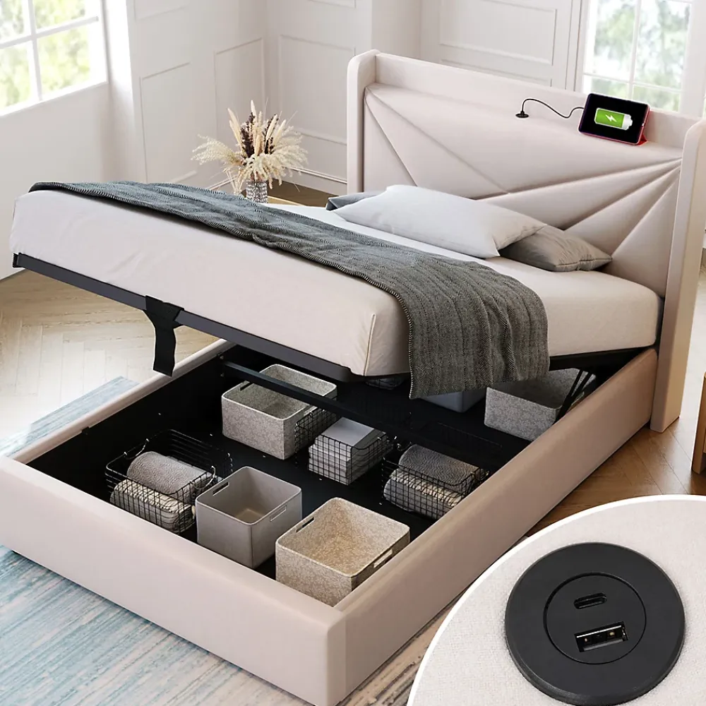 Gutent Lit rembourré lit coffre lit 90x200 cm lit de rangement lit tête de lit à fonction de charge usb type c Single coton lin beige* Lit Avec Rangement