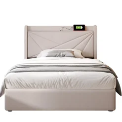 Gutent Lit rembourré lit coffre lit 90x200 cm lit de rangement lit tête de lit à fonction de charge usb type c Single coton lin beige* Lit Avec Rangement