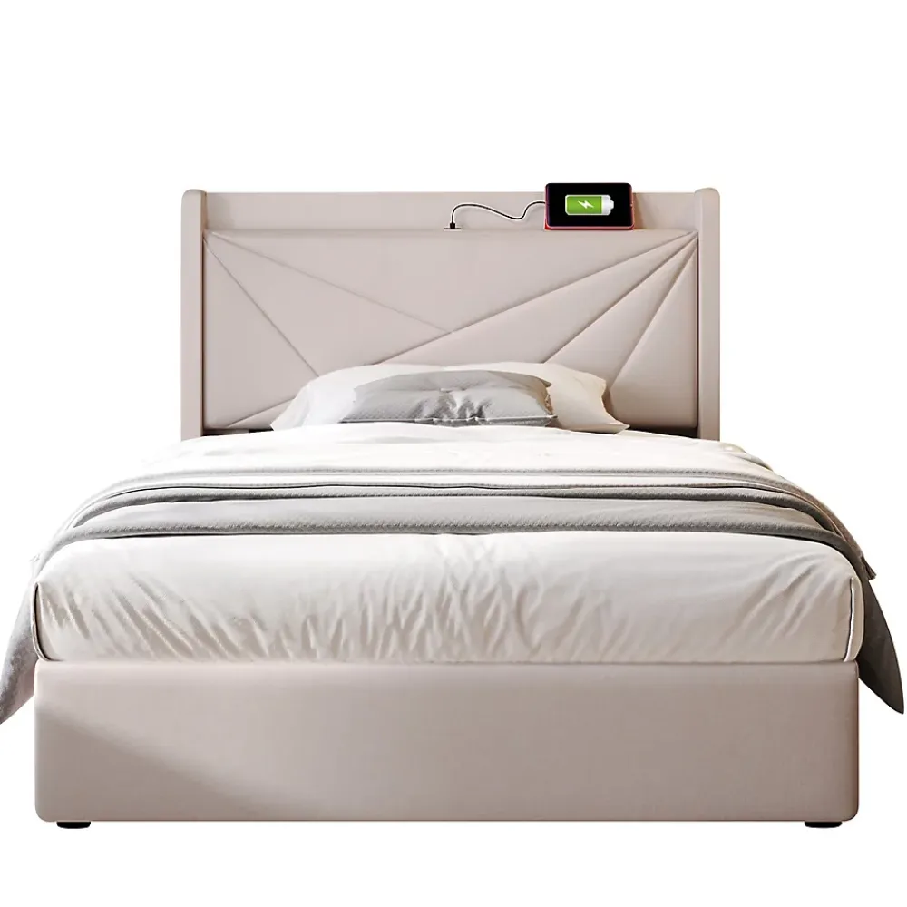 Gutent Lit rembourré lit coffre lit 90x200 cm lit de rangement lit tête de lit à fonction de charge usb type c Single coton lin beige* Lit Avec Rangement