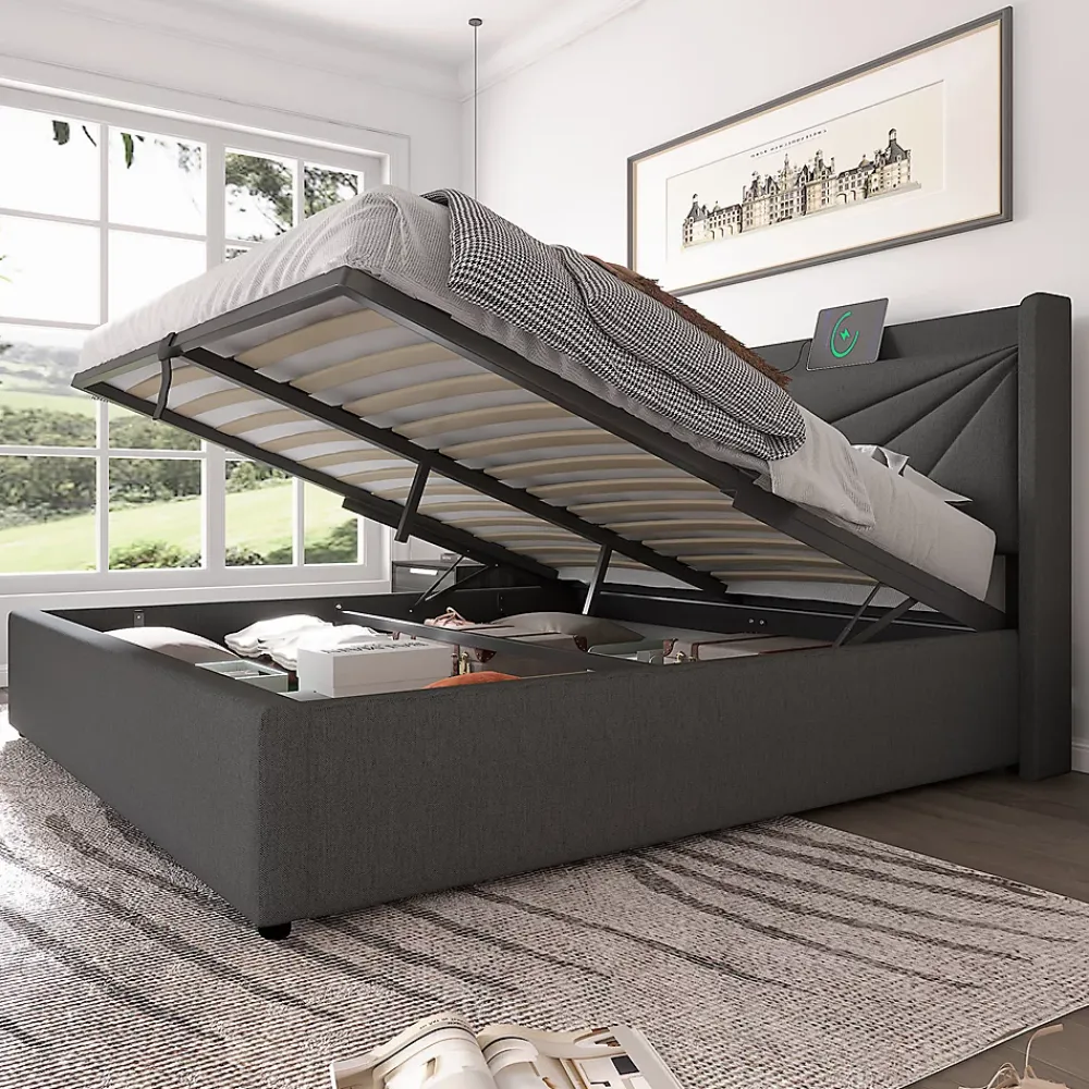 Gutent Lit rembourré lit coffre lit 160x200 cm lit de rangement lit tête de lit à fonction de charge usb type c lit double coton lin gris* Lit Avec Rangement