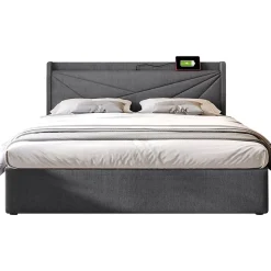 Gutent Lit rembourré lit coffre lit 160x200 cm lit de rangement lit tête de lit à fonction de charge usb type c lit double coton lin gris* Lit Avec Rangement