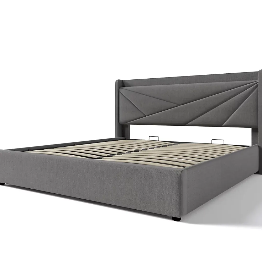 Gutent Lit rembourré lit coffre lit 160x200 cm lit de rangement lit tête de lit à fonction de charge usb type c lit double coton lin gris* Lit Avec Rangement