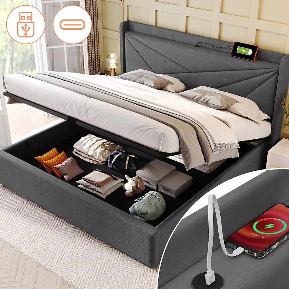 Lit rembourré lit coffre 140x200 cm lit de rangement lit tête de lit à fonction de charge usb type c lit double coton lin gris>Gutent