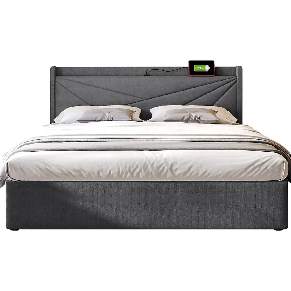 Lit rembourré lit coffre 140x200 cm lit de rangement lit tête de lit à fonction de charge usb type c lit double coton lin gris>Gutent