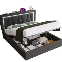 Lit rembourré lit coffre 140x200 cm lit de rangement lit eclairage led avec fonction de chargement usb type c lit double lin gris>Gutent Hot