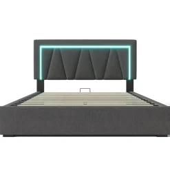 Lit rembourré lit coffre 140x200 cm lit de rangement lit eclairage led avec fonction de chargement usb type c lit double lin gris><noscript><img width=