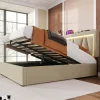 Lit rembourré lit coffre 160x200 cm lit de rangement lit eclairage led avec fonction de chargement usb type c lit double lin beige>Gutent Sale