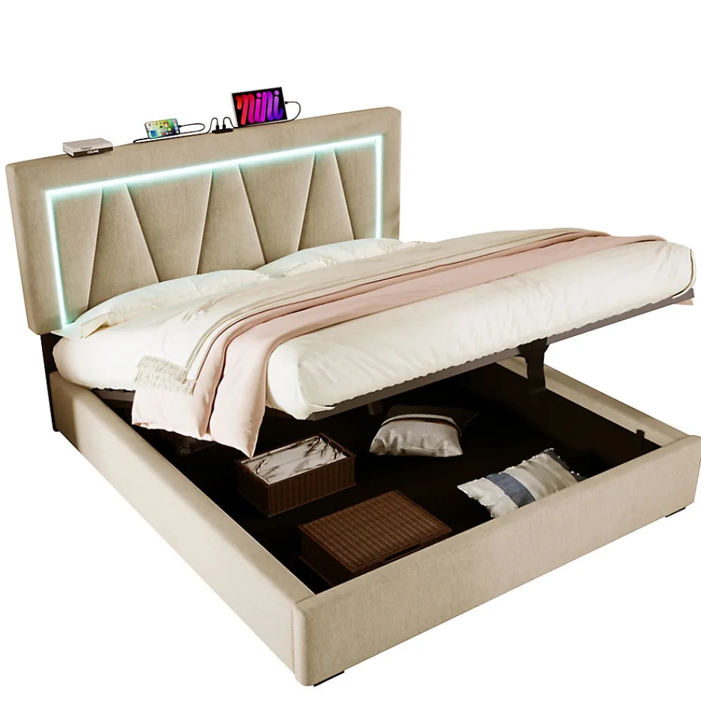 Lit rembourré lit coffre 160x200 cm lit de rangement lit eclairage led avec fonction de chargement usb type c lit double lin beige>Gutent Sale