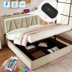 Lit rembourré lit coffre 160x200 cm lit de rangement lit eclairage led avec fonction de chargement usb type c lit double lin beige><noscript><img width=