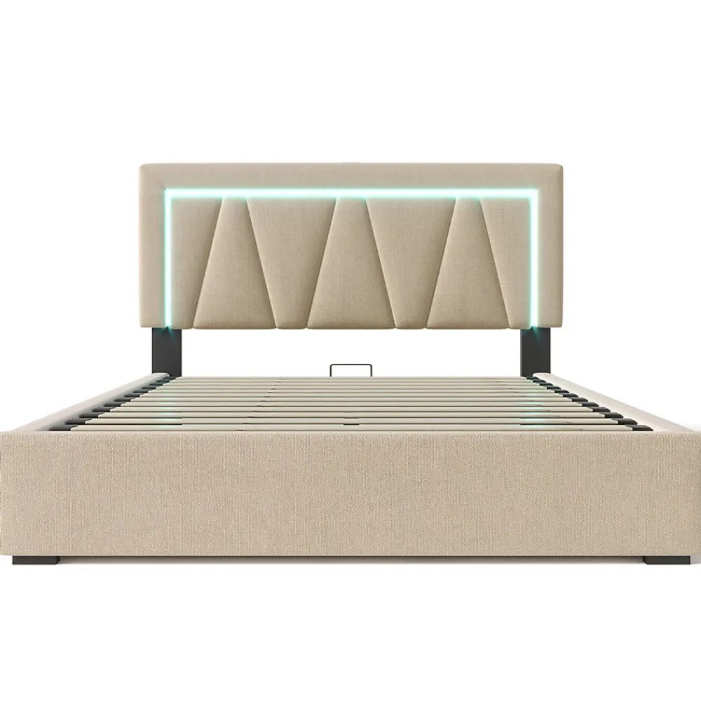 Lit rembourré lit coffre 160x200 cm lit de rangement lit eclairage led avec fonction de chargement usb type c lit double lin beige>Gutent Sale