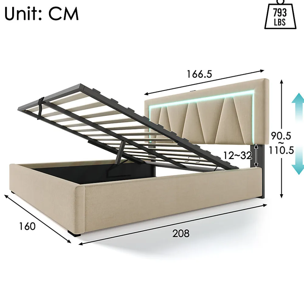 Lit rembourré lit coffre 160x200 cm lit de rangement lit eclairage led avec fonction de chargement usb type c lit double lin beige>Gutent Sale