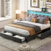 Lit Rembourré lit double 160x200cm avec 4 tiroirs et LED, USB, cadre de lit, lin gris>Simple Life Clearance