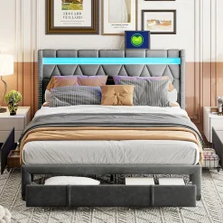 Lit Rembourré lit double 160x200cm avec 4 tiroirs et LED, USB, cadre de lit, lin gris><noscript><img width=