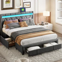 Lit Rembourré lit double 160x200cm avec 4 tiroirs et LED, USB, cadre de lit, lin gris><noscript><img width=