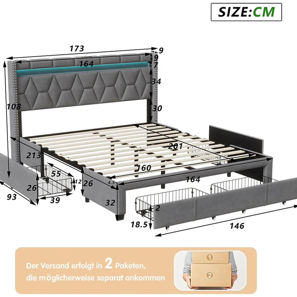 Lit Rembourré lit double 160x200cm avec 4 tiroirs et LED, USB, cadre de lit, lin gris>Simple Life Clearance