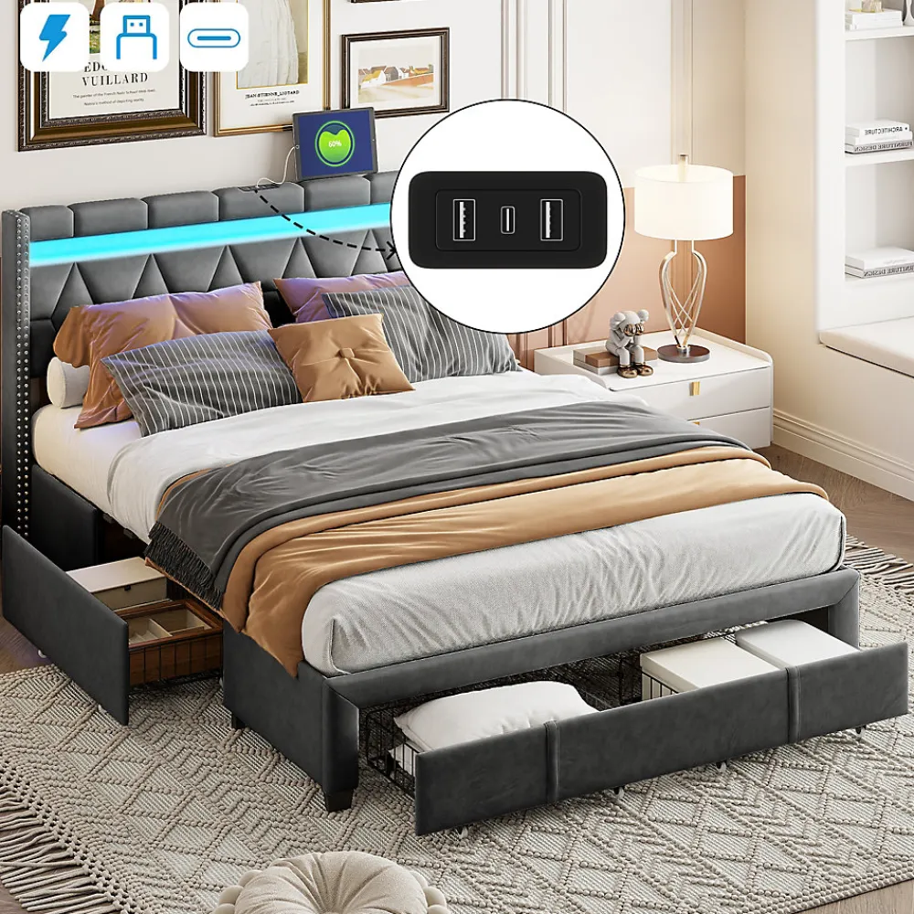 Lit Rembourré lit double 160x200cm avec 4 tiroirs et LED, USB, cadre de lit, lin gris>Simple Life Clearance