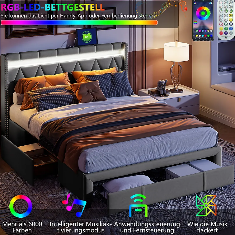 Lit Rembourré lit double 160x200cm avec 4 tiroirs et LED, USB, cadre de lit, lin gris>Simple Life Clearance