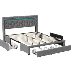 Lit Rembourré lit double 160x200cm avec 4 tiroirs et LED, USB, cadre de lit, lin gris><noscript><img width=