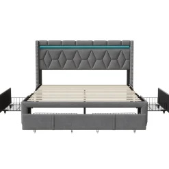 Lit Rembourré lit double 160x200cm avec 4 tiroirs et LED, USB, cadre de lit, lin gris><noscript><img width=