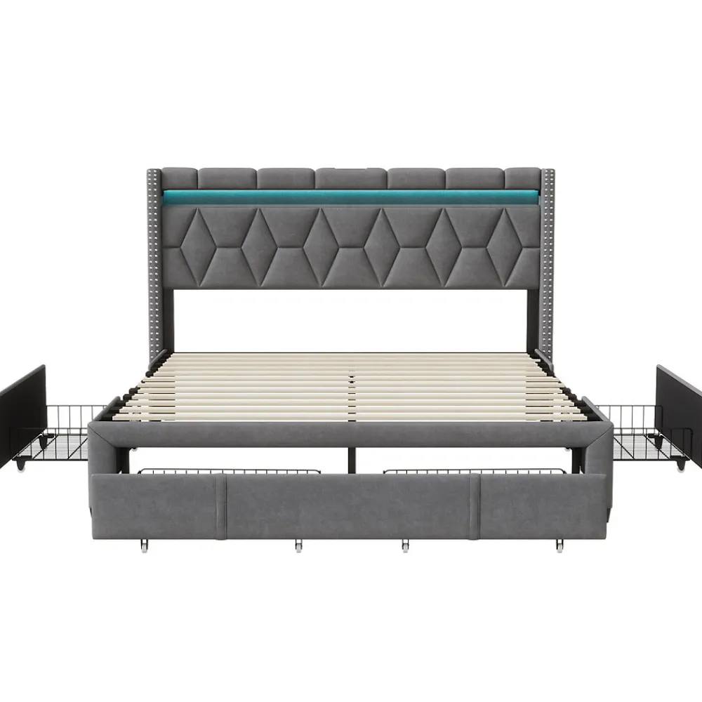 Lit Rembourré lit double 160x200cm avec 4 tiroirs et LED, USB, cadre de lit, lin gris>Simple Life Clearance